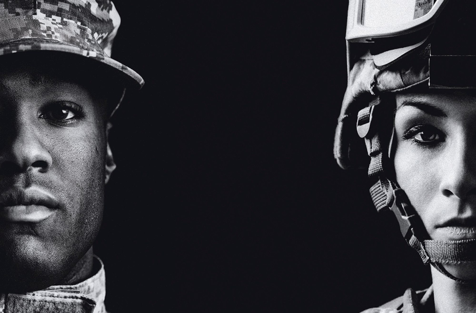 The image shows close-up portraits of two soldiers, one man and one woman, in military uniforms and helmets, against a black background.